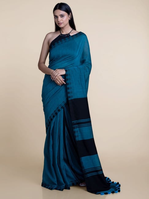 Jharokha - Blue and Black Ajrakh handblockprinted patchwork Gudri Barmer  saree