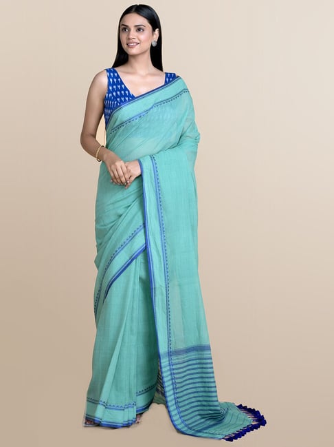 Suta Green & Blue Cotton Saree Without Blouse Price in India