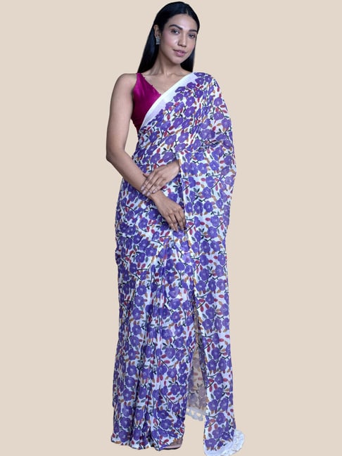 Suta White & Blue Cotton Printed Saree Without Blouse Price in India