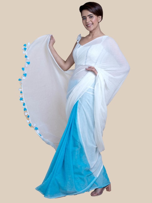 Blue White Chanderi Pure Cotton Sarees Get Extra 10% Discount on All P –  Dailybuyys