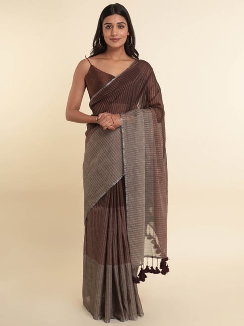 Suta Brown Striped Saree Without Blouse Price in India