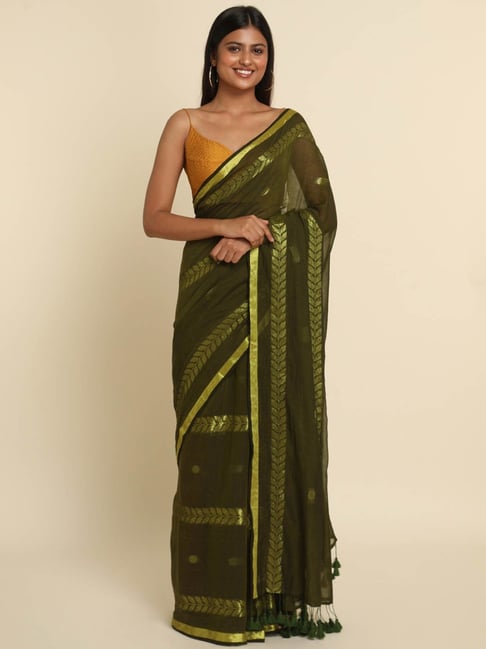 Suta Olive Green Woven Saree Without Blouse Price in India