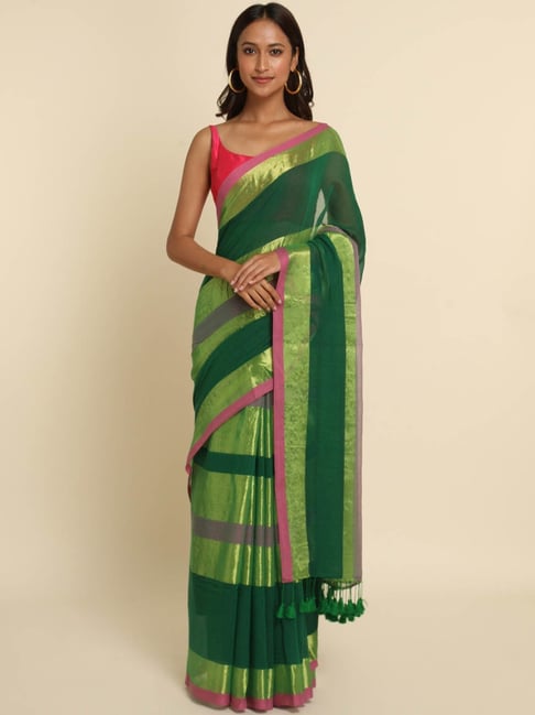 Suta Green Striped Saree Without Blouse Price in India