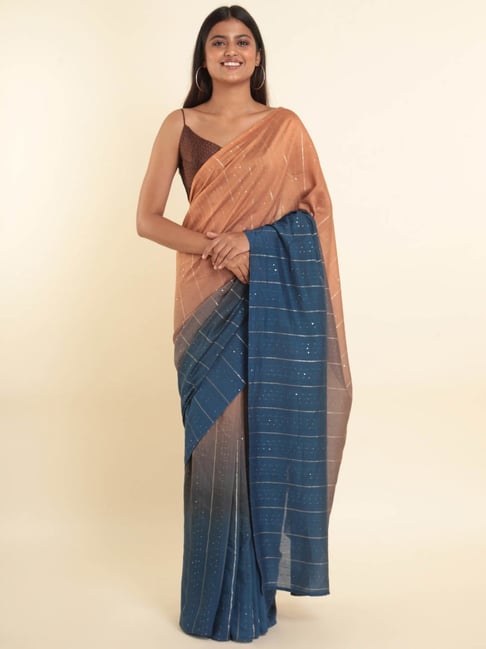 Suta Peach & Blue Embellished Saree Without Blouse Price in India