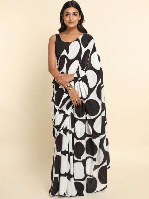 Suta White & Black Printed Saree Without Blouse Price in India