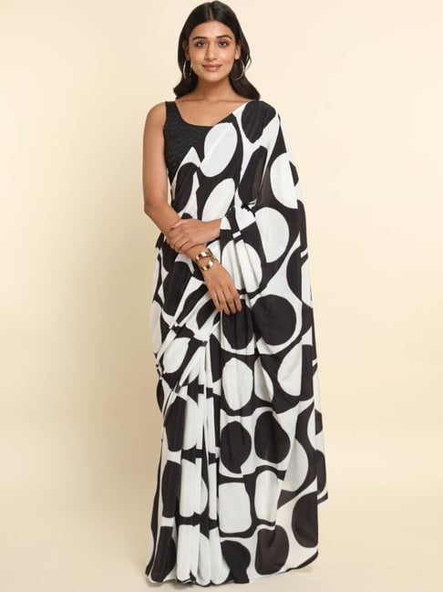 Purest Chiffon Modern Rose Digitally Printed Black and white saree | Pure  chiffon, Black and white saree, White saree