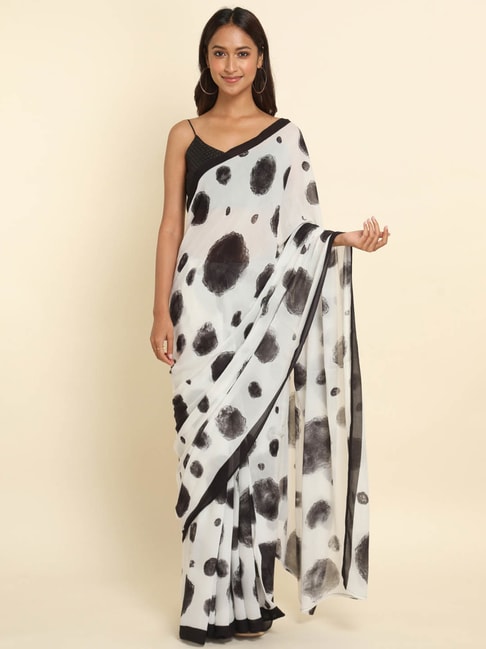 Suta White & Black Printed Saree Without Blouse Price in India