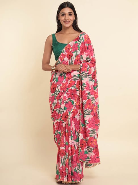 Suta Pink Printed Saree Without Blouse Price in India