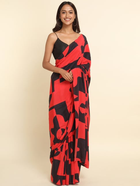 Suta Red & Black Printed Saree Without Blouse Price in India