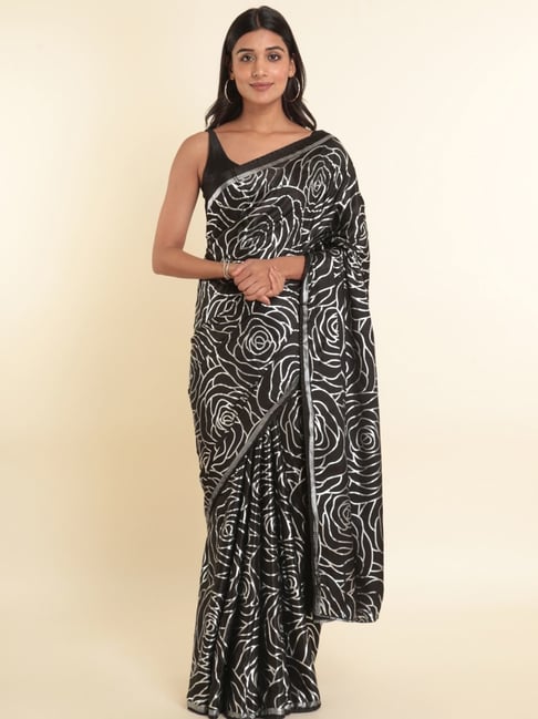 Suta Black Printed Saree Without Blouse Price in India