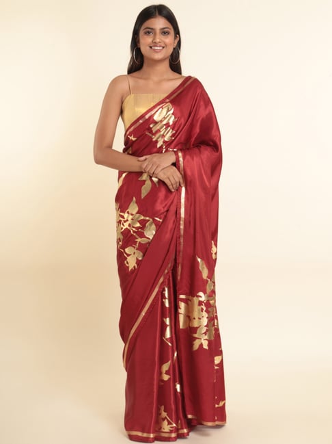 Suta Maroon Printed Saree Without Blouse Price in India