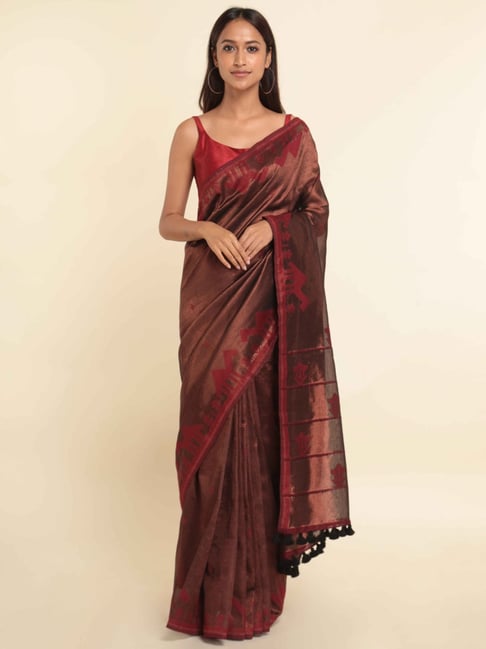 Suta Brown Woven Saree Without Blouse Price in India