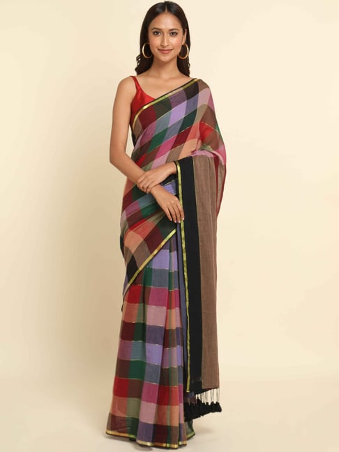 Suta Multicolor Chequered Saree Without Blouse Price in India