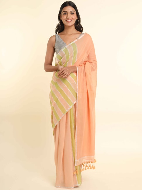 Suta Peach Striped Saree Without Blouse Price in India