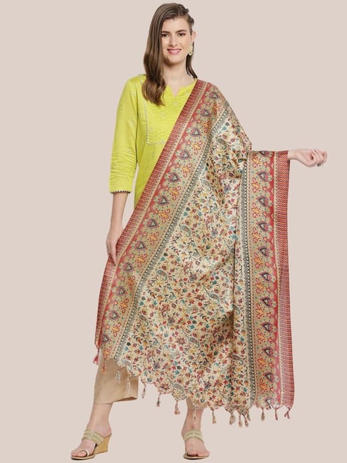 Dupatta Bazaar Beige & Red Floral Print Dupatta