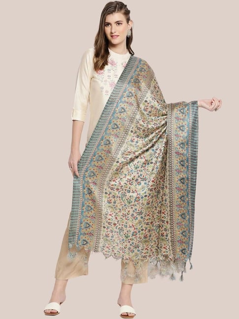 Dupatta Bazaar Beige & Blue Floral Print Dupatta