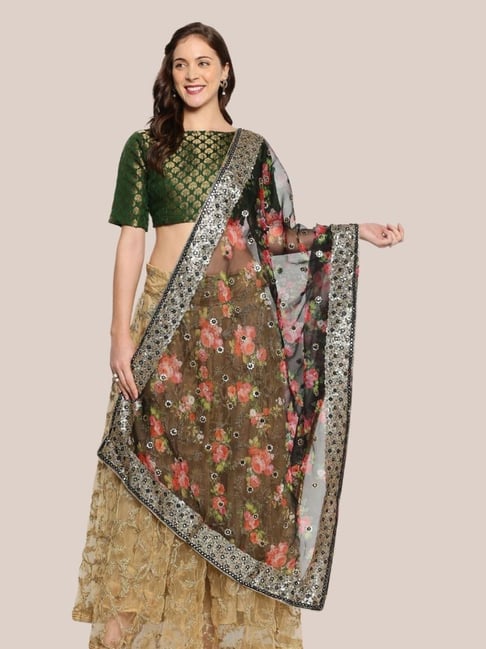 Dupatta Bazaar Black Floral Print Dupatta