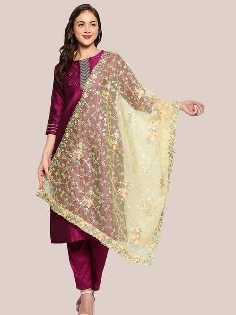 Dupatta Bazaar Lemon Yellow Embroidered Dupatta