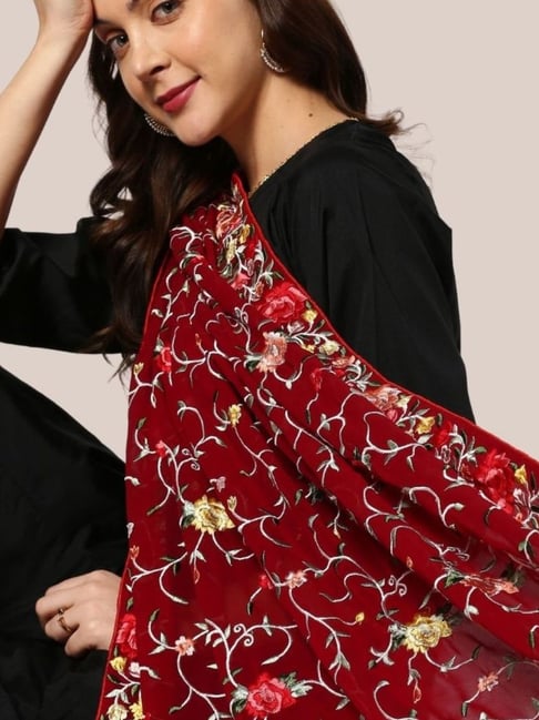 Maroon Scallop Lace Net Dupatta