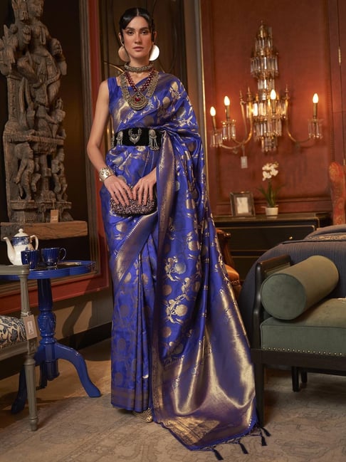 Saree Mall Midnight Blue Woven Saree With Unstitched Blouse Price in India