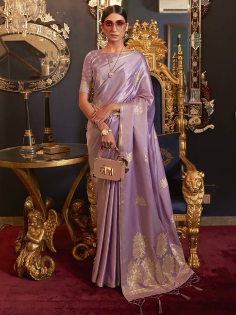 Saree Mall Purple Silk Woven Saree With Unstitched Blouse Price in India