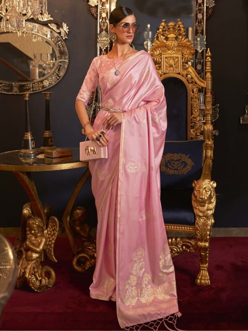 Saree Mall Pink Silk Woven Saree With Unstitched Blouse Price in India