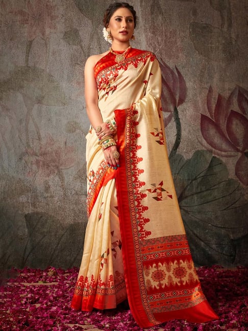 Saree Mall Off-White Printed Saree With Unstitched Blouse Price in India