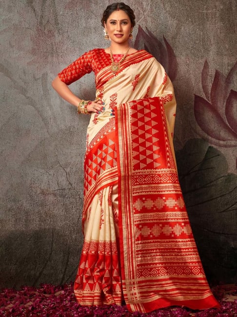 Multicolor Soft Quality Indian Silk Katan White Red Saree For Women By  Mayabika(TAN)