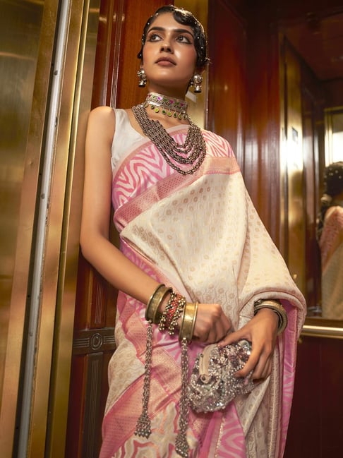 Saree Mall Cream & Pink Woven Saree With Unstitched Blouse