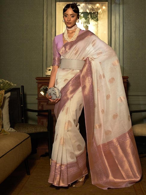 Saree Mall Cream & Pink Pure Linen Woven Saree With Unstitched Blouse Price in India
