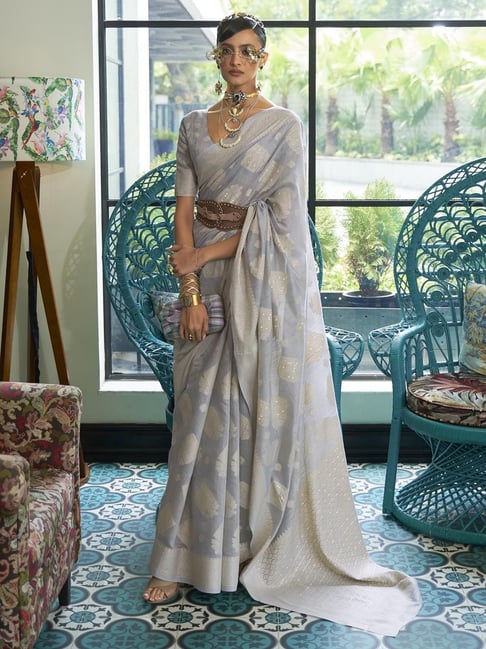 Shop Grey Embroidered Organza Saree Online in USA with Blue Blouse – Pure  Elegance