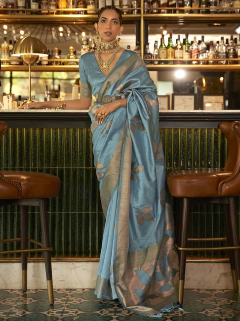 Saree Mall Turquoise Woven Saree With Unstitched Blouse Price in India