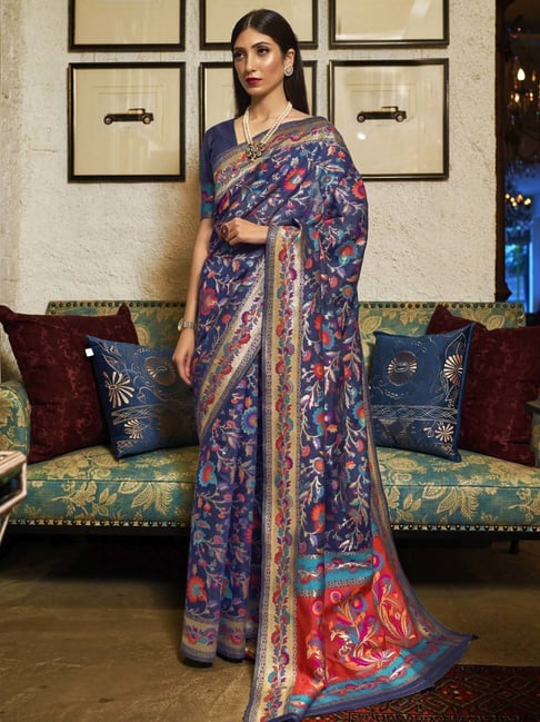 Saree Mall Navy Woven Saree With Unstitched Blouse Price in India