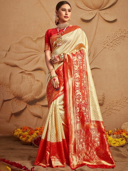 White Body Red Par With Golden Design Sarees - Get Best Price from  Manufacturers & Suppliers in India
