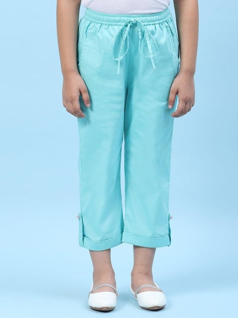 Buy Biba Kids Aqua Blue Cotton Straight Fit Pants for Girls