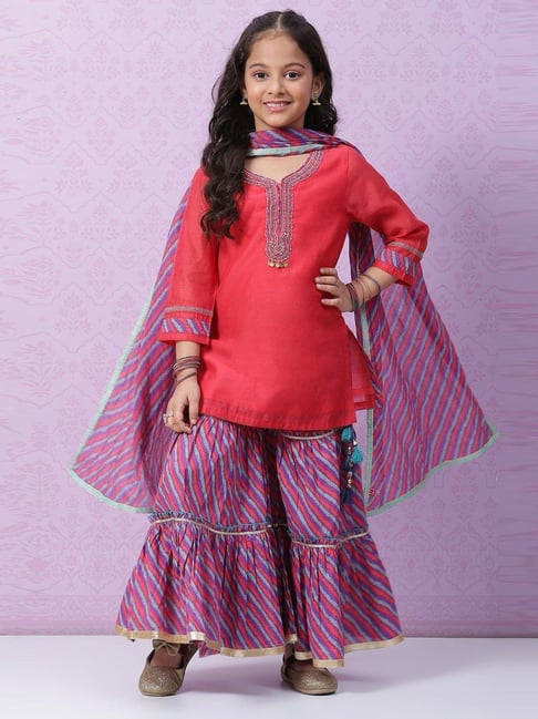 Biba Kids Red & Purple Embroidered Kurta Set-image-11