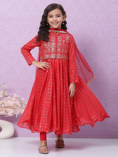 Biba Kids Red Gold Cotton Printed Full Sleeves Kurta Set