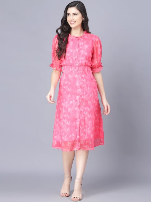 Myshka Pink Printed A-Line Dress Price in India