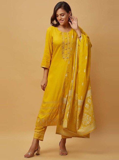 Janasya Salwar Suit  Buy Janasya Gold Poly Silk Solid Gota Lacework Kurta  With Pant And Dupatta Set of 3 Online  Nykaa Fashion