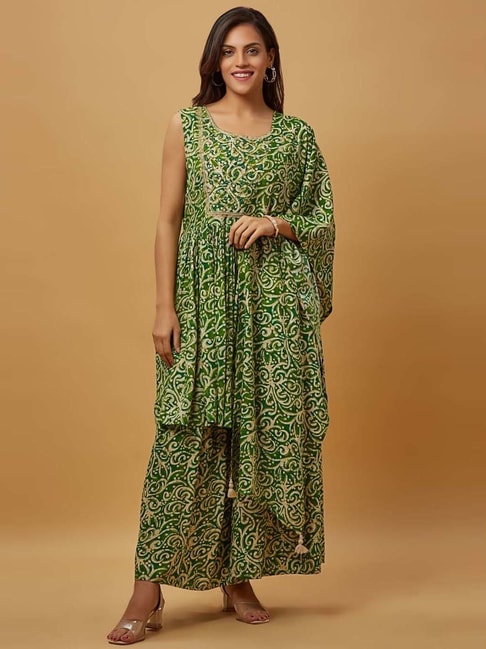 URBAN MYSTIC Green Embroidered Kurti Sharara Set With Dupatta Price in India