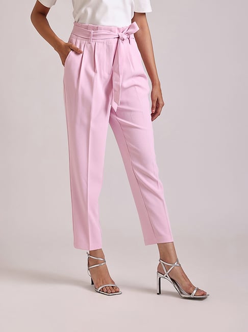 Plain Women Pink Paper Bag Pants
