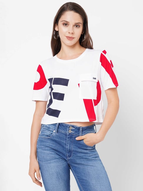 Pepe Jeans White Printed Crop T-Shirt