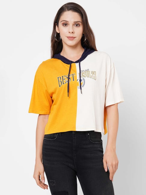 Pepe Jeans Yellow & White Printed Hooded T-Shirt