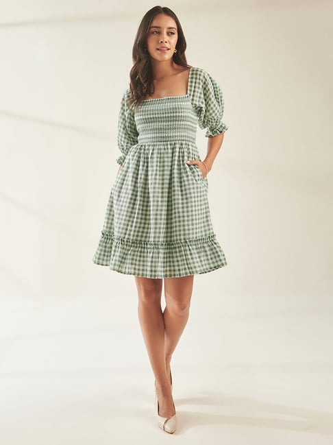 Femella Green Check Fit & Flare Dress Price in India
