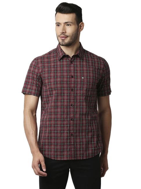 Basics Maroon Cotton Slim Fit Checks Shirt