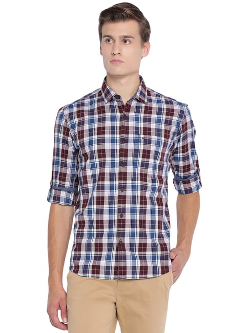 Basics Maroon Cotton Slim Fit Checks Shirt