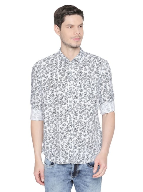 Basics Blue Cotton Linen Slim Fit Printed Shirt-picture-38