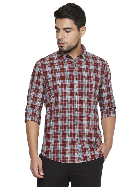 Basics Maroon Cotton Slim Fit Checks Shirt