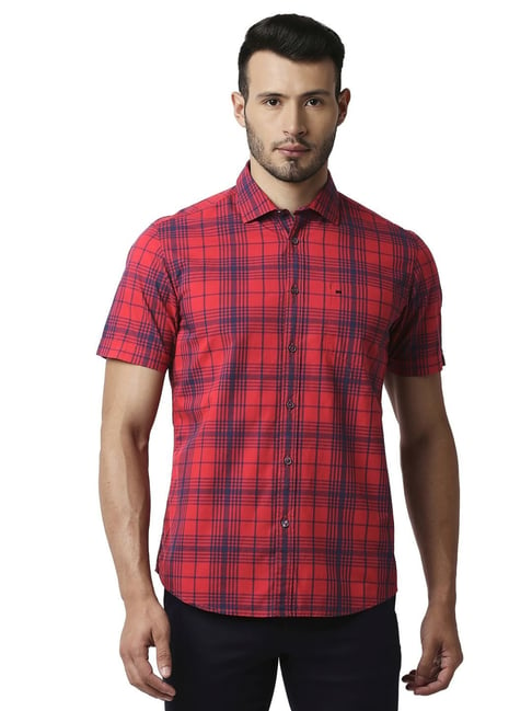 Basics Red Cotton Slim Fit Checks Shirt