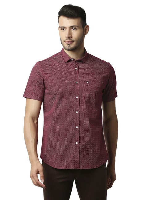 Basics Maroon Cotton Slim Fit Printed Shirt